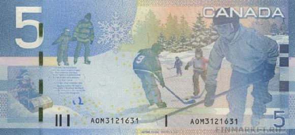 Канадский доллар. Купюра номиналом в 5 CAD, реверс.