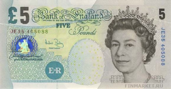 Фунт стерлингов Соединенного королевства. Купюра номиналом в 5 GBP, аверс.