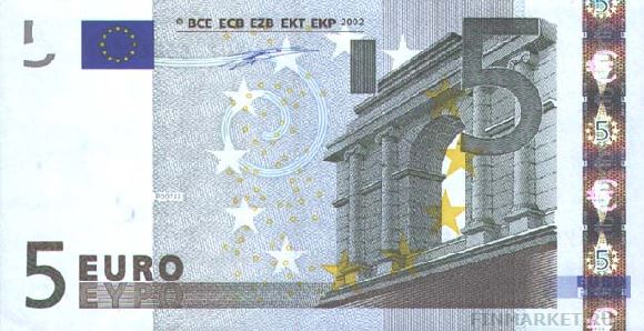 Евро. Купюра номиналом в 5 EUR, аверс.