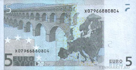 Евро. Купюра номиналом в 5 EUR, реверс.
